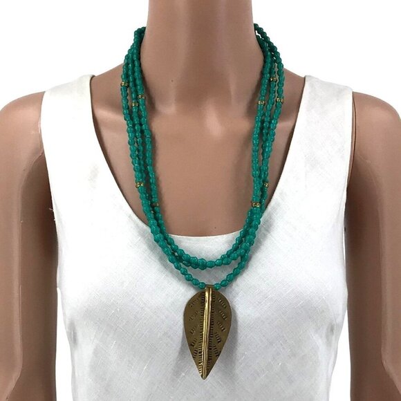 Boho Beaded Necklace Triple Strand Leaf Pendant Blue Gold Tone Toggle Closure - Picture 1 of 2